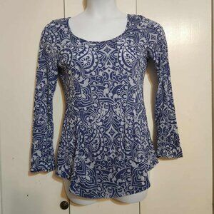 Vtg Y2K Large Athleta Open Back Paisley Floral Blue Long Sleeve Top with Pockets